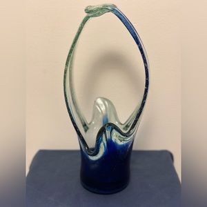 Hand Blown Stretched Art Glass Vase Basket Swung Murano Style MCM